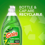 Gain bottle with green gradient background and text stating the bottle and cap are recyclable with recycling arrows