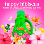 Gain Happy Hibiscus detergent bottle centered among tropical flowers with 'happy hibiscus' headline