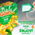 Gain powder box beside a scoop of powder being added into a washing machine drum, instructional text