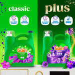 Split graphic comparing classic and plus Gain detergent bottles with icons for all day scent, odor defense and OXI