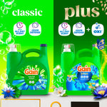 Split graphic showing classic and plus Gain detergent bottles with green backgrounds, icons for all day scent, odor defense and OXI