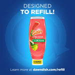 Gain Ultra Clean summer watermelon bottle centered on a blue background with headline "Designed to refill!" and refill website link.