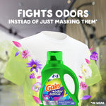 Gain detergent bottle with floral accents and text about fighting odors overlaid on a white shirt background