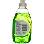 Back of translucent green Gain dish soap bottle with visible barcode and warning text