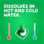 Green info graphic 'Dissolves in hot and cold water' featuring a detergent pac icon between hot and cold thermometer symbols