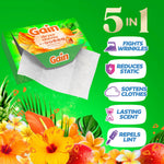 Gain box open with a dryer sheet pulled out and icons listing five benefits against a tropical floral background