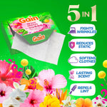 Open Gain dryer sheets box with a sheet pulled out and 5-in-1 benefit icons on a green floral background