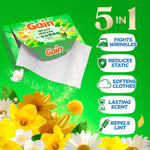 Open Gain dryer sheets box with a sheet pulled out and icons listing benefits on green floral background
