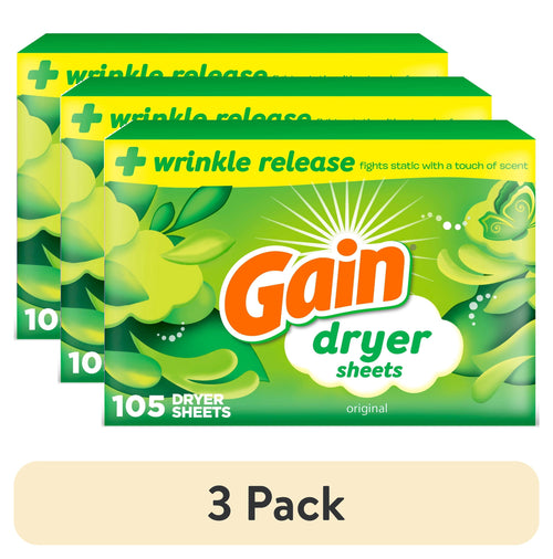 Three Gain dryer sheets boxes showing green original packaging, labeled 105 dryer sheets with a “3 Pack” callout below
