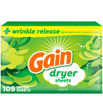 Single Gain dryer sheets box in green packaging labeled 105 dryer sheets, original scent branding on the front