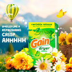Gain dryer sheets box amid flowers and a hot-air balloon graphic with text ‘SMELLS LIKE A REFRESHING CRISP AHHHHH’