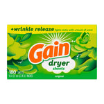 Flat-front view of Gain dryer sheets packaging showing green floral graphics, ‘180 sheets’ and ‘original’
