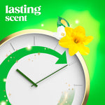 Graphic of a clock face accented with flowers and an arrow, labeled "lasting scent" on a bright green background for Gain dryer sheets.