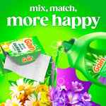 Promotional image showing an open Gain dryer sheets box, pouring liquid detergent and colorful flowers with the phrase "mix, match, more happy."