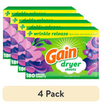 Four green Gain dryer sheets boxes with purple floral graphics and '180 dryer sheets' label