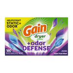 Studio front view of Gain dryer sheets +odor defense Super Fresh Blast box with green background and purple leaf graphics