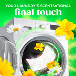 Lifestyle-style graphic of a front-loading washer with floating flowers and a Gain scent swirl promoting laundry scent as a final touch.