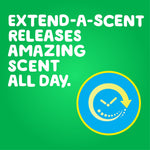 Green promotional graphic reading 'Extend-a-scent releases amazing scent all day' with a circular clock-style icon