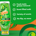 Promotional graphic showing a green Gain Ultra Clean EZ-Squeeze bottle with checkmark list of benefits on a green background.