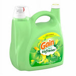 Angled view of a green Gain fabric softener jug showing the handle, measuring cap, and 'softener' label artwork.