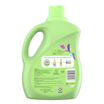 Rear view of a light green Gain fabric softener bottle showing back label, barcode and directions