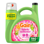 Green Gain fabric softener jug with pink floral label reading ‘fabric softener’ and lasting fresh badge