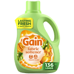 green bottle of gain fabric softener, island fresh scent, 136 loads