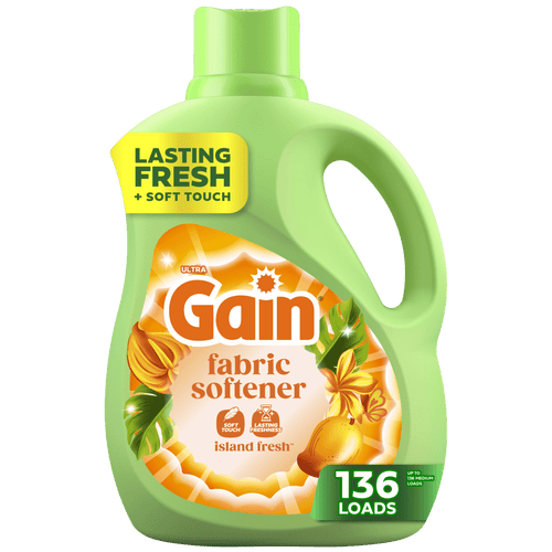 green bottle of gain fabric softener, island fresh scent, 136 loads
