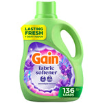 Front-facing Gain fabric softener bottle with purple floral Moonlight Breeze label and green cap, 136 loads badge