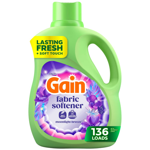 Front-facing Gain fabric softener bottle with purple floral Moonlight Breeze label and green cap, 136 loads badge