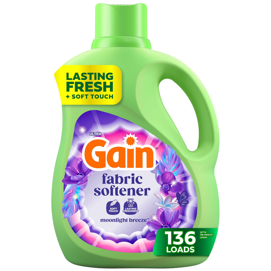 Front-facing Gain fabric softener bottle with purple floral Moonlight Breeze label and green cap, 136 loads badge