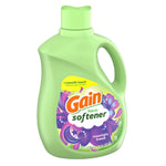 Studio photo of Gain fabric softener bottle showing front label, green plastic bottle with Moonlight Breeze floral artwork