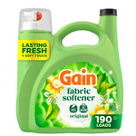 Green Gain fabric softener jug with original label, floral graphics and 190 loads callout on white background