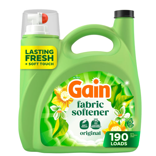 Green Gain fabric softener jug with original label, floral graphics and 190 loads callout on white background