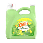 Straight-on photo of a green Gain fabric softener jug labeled original with floral artwork and measurement markings