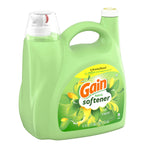 Three-quarter view of a green Gain fabric softener jug showing label artwork, handle and pour spout on white background