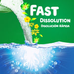 Graphic showing powder dissolving into water with bubbles and text 'FAST DISSOLUTION / DISOLUCIÓN RÁPIDA' on green background