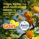 Graphic of lemons on a tree with Gain and Febreze logos and text about trapping, locking and neutralizing odors