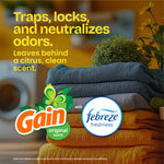 Promotional graphic with stacked towels, Gain and Febreze logos and text explaining odor neutralization and citrus clean scent.