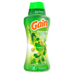 Angled product photo of Gain Fireworks original in-wash scent booster bottle with green cap and label