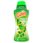 Full product shot of Gain Fireworks original in-wash scent booster bottle, green label and cap, 26.5 oz