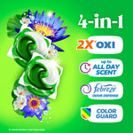 Close-up graphic of two green-and-white Gain Flings pods with '4-in-1' benefit icons and floral accents