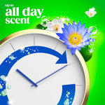Clock-themed graphic with 'up to all day scent' text, blue flower and bubbles illustrating long-lasting scent