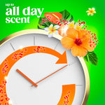 Clock-themed graphic with floral accents and text 'up to all day scent' promoting scent longevity