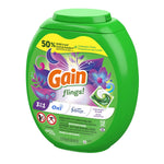Three-quarter angled product shot of a green Gain Flings tub showing label artwork and a pac image on the front