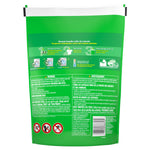Back of green Gain Flings pouch showing safety warnings, usage icons, multilingual text and a barcode