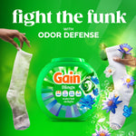 Promotional image of a Gain Flings tub between a dirty and a clean sock with 'fight the funk' odor defense messaging