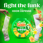 Gain Flings island fresh tub centered with 'fight the funk' headline and cleaning visual elements