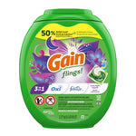 Front view of green Gain Flings container showing 50% more banner, brand logo and a detergent pac image