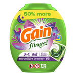 Front-facing green Gain Flings detergent tub with colorful floral graphics and a single pac image
